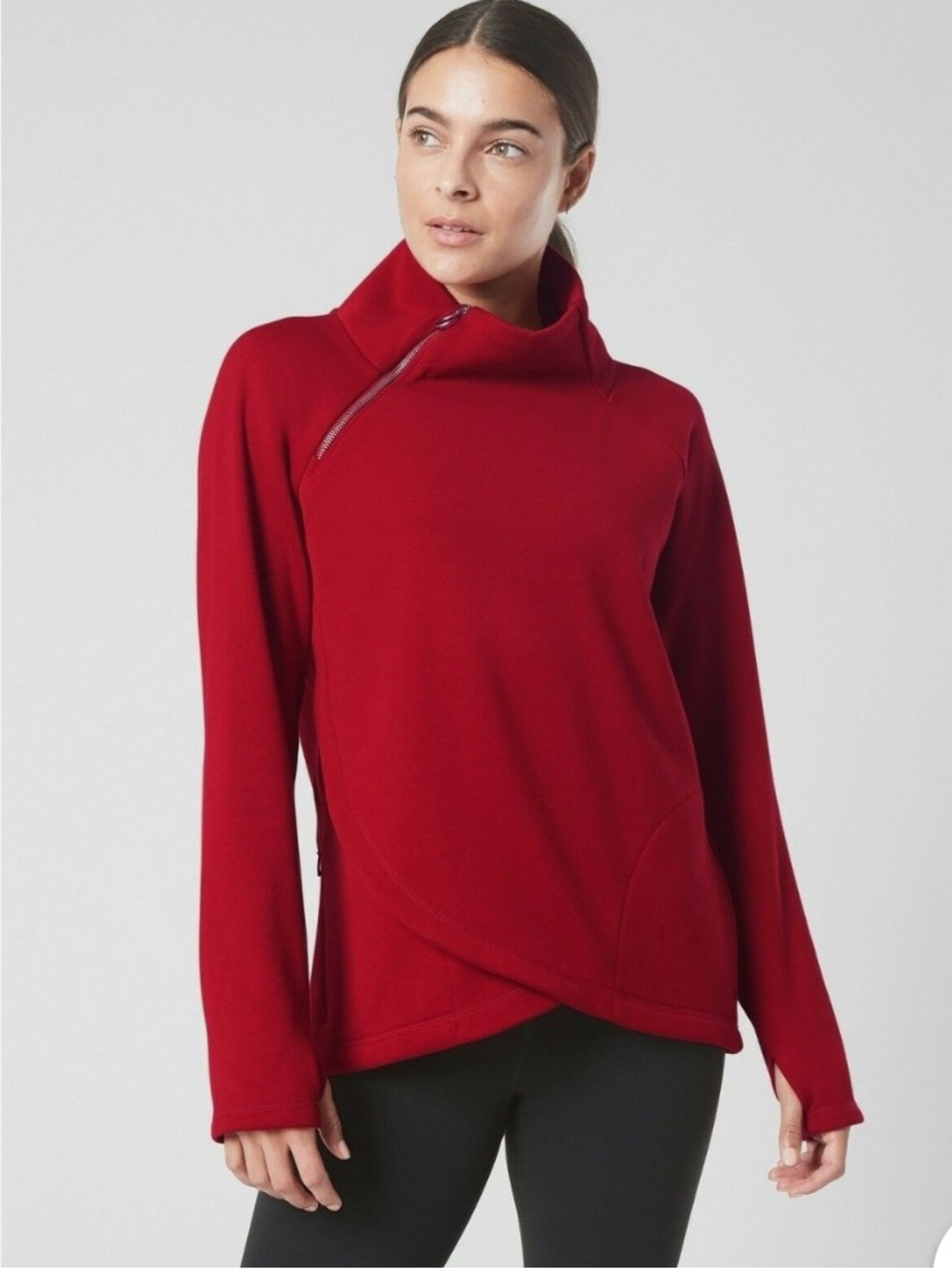 Athleta Red Cozy Karma Asym Warm Pullover Funnel Neck Sweatshirt Size M Women's